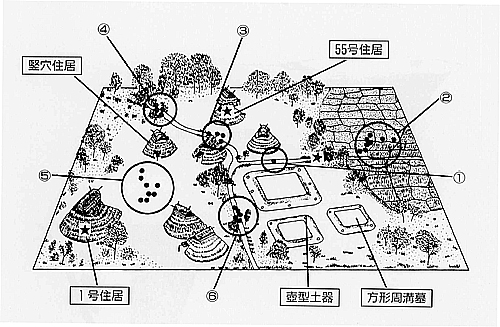 ② 吉田遺跡の復元模型（弥生時代）